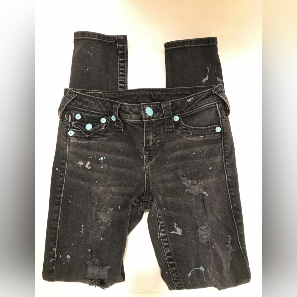 True Religion Black with Teal Splatter Super Skinny Distressed Jeans 29 - Picture 8 of 10